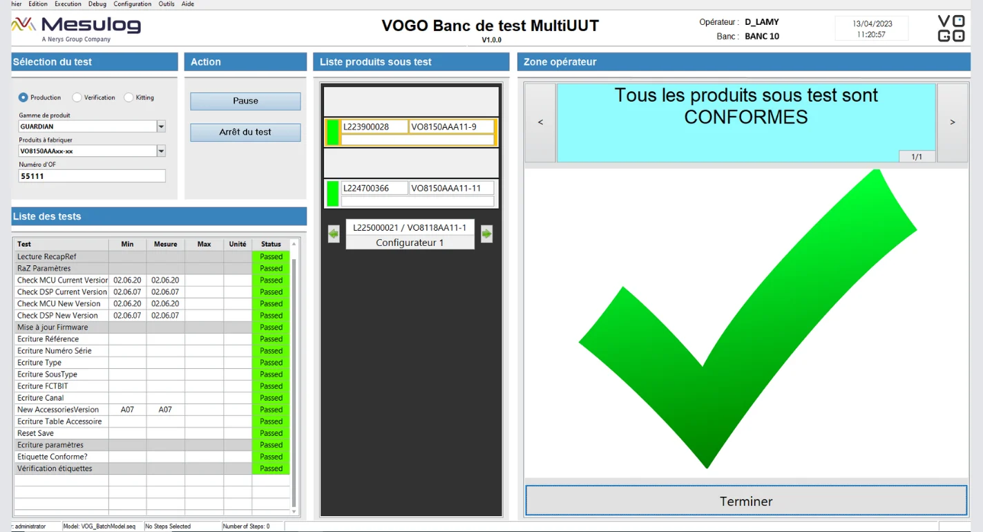 Une vue de l’interface opérateur du banc de tests multiproduits développée pour VOGO.